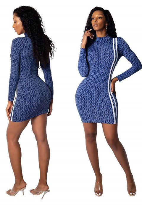 Ink Bloom: Long Sleeve Printed Bodycon Midi Dress